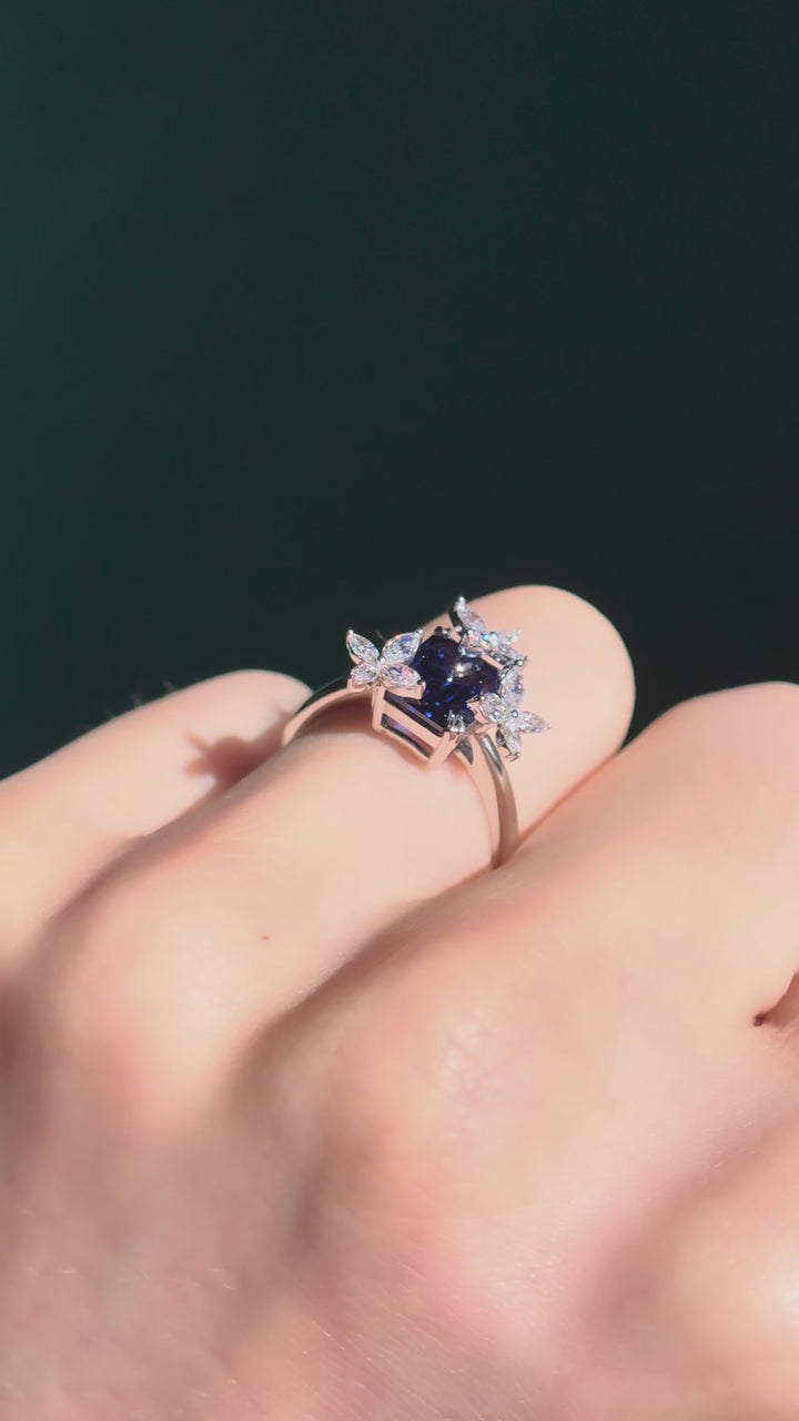 3.00ct Emerald-Cut Blue Sapphire Ring in 14K or 18K White Gold, “The Jardin”
