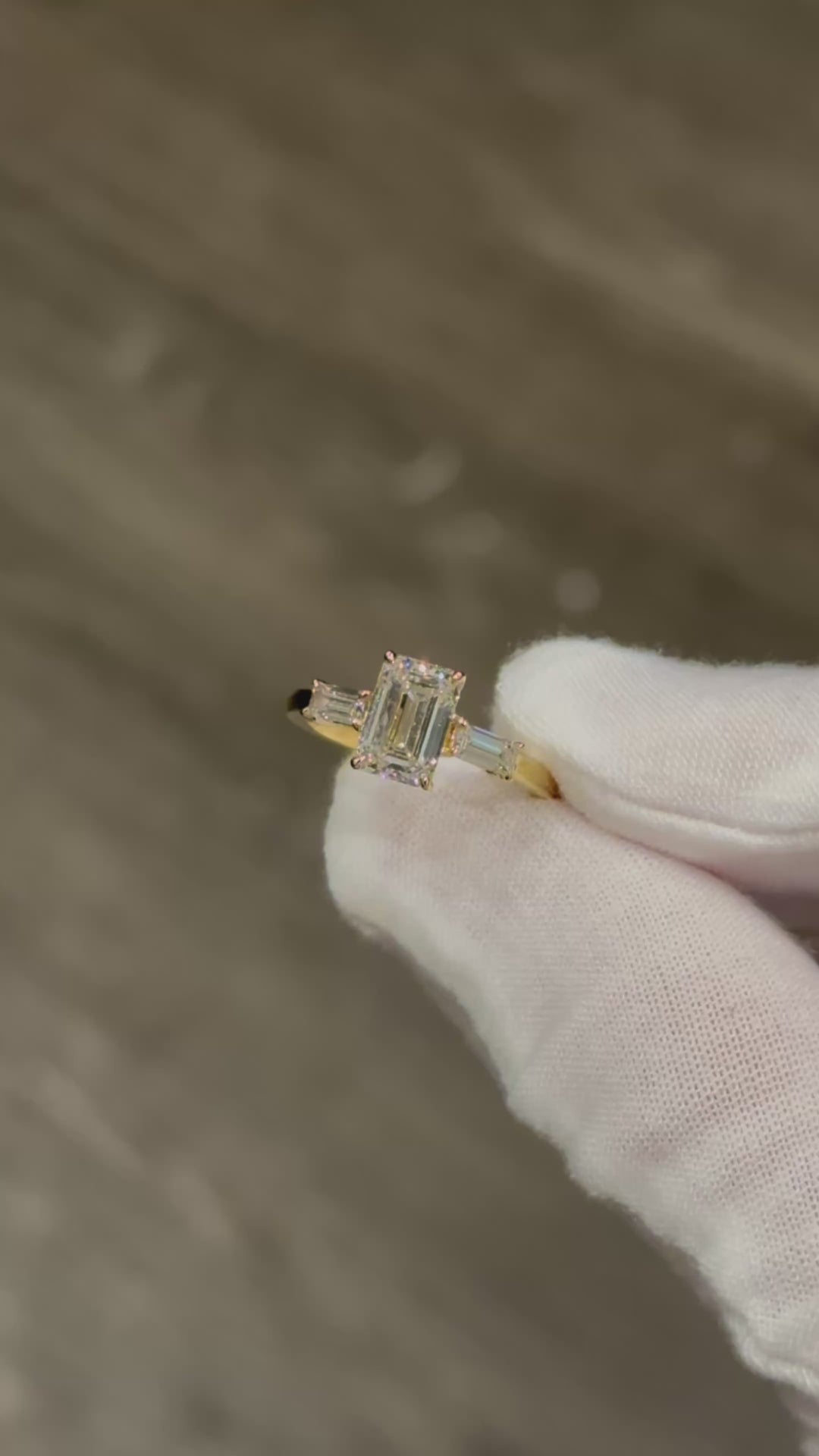 2.00ct Emerald Lab-Grown Diamond Three-Stone Ring with Baguette Side Stones in Yellow Gold