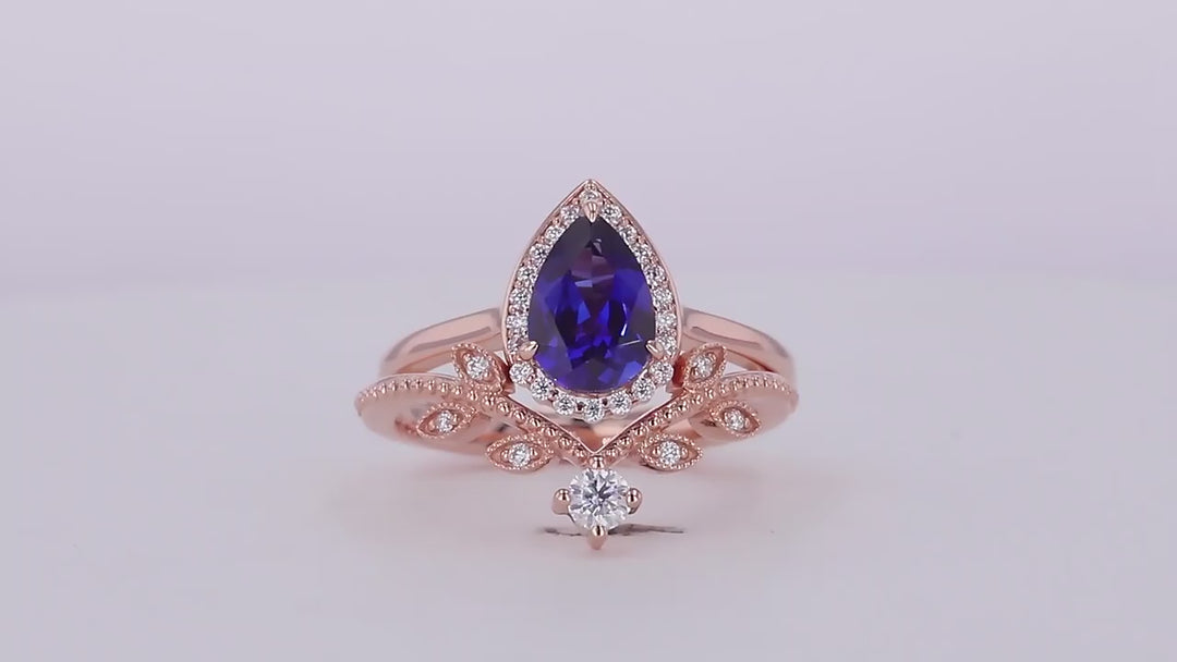 6x9mm, 2.00ct Pear Lab-Grown Blue Sapphire with Diamond Halo Ring with Stacking Ring in 18K Rose Gold