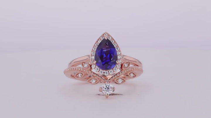 6x9mm, 2.00ct Pear Lab-Grown Blue Sapphire with Diamond Halo Ring with Stacking Ring in 18K Rose Gold