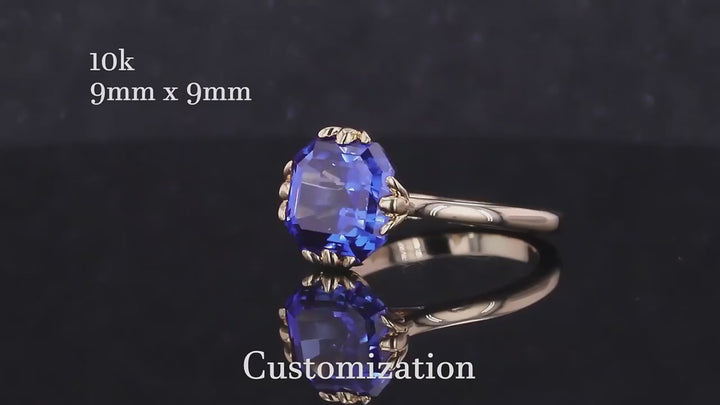 9mm, 4.80ct Asscher Lab-Grown Blue Sapphire with Leaf Prongs Ring in 10K Yellow Gold
