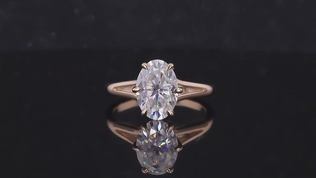 7x10mm Oval Cut Moissanite Ring with Valley Band in Yellow Gold