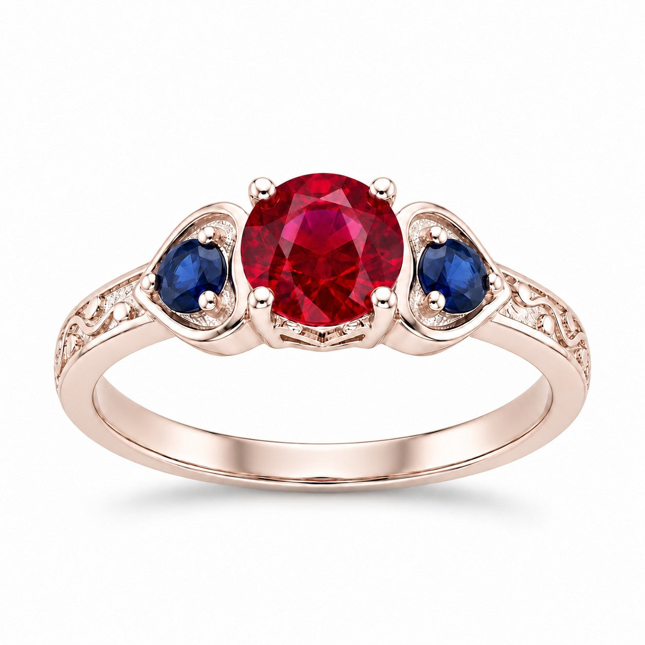"Ruby & Sapphire" Three-Stone Ring: the heart frames and engraved vine