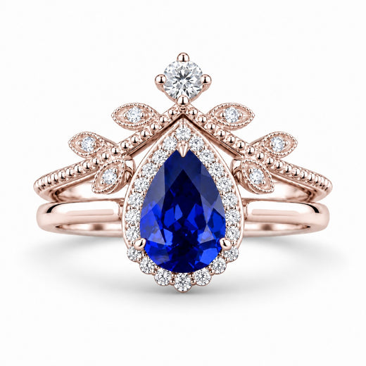 The Celestine — Blue Sapphire Halo Ring with Stacking Band