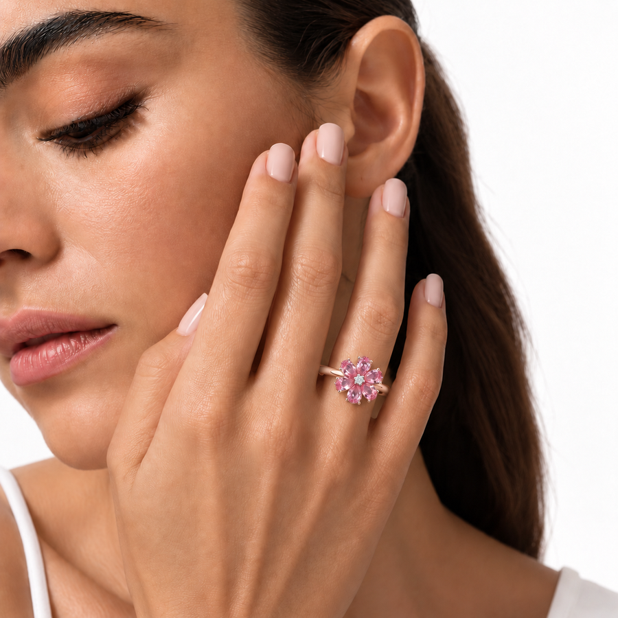 The Cherry Blossom — Six Petal Pink Sapphire Flower Ring
