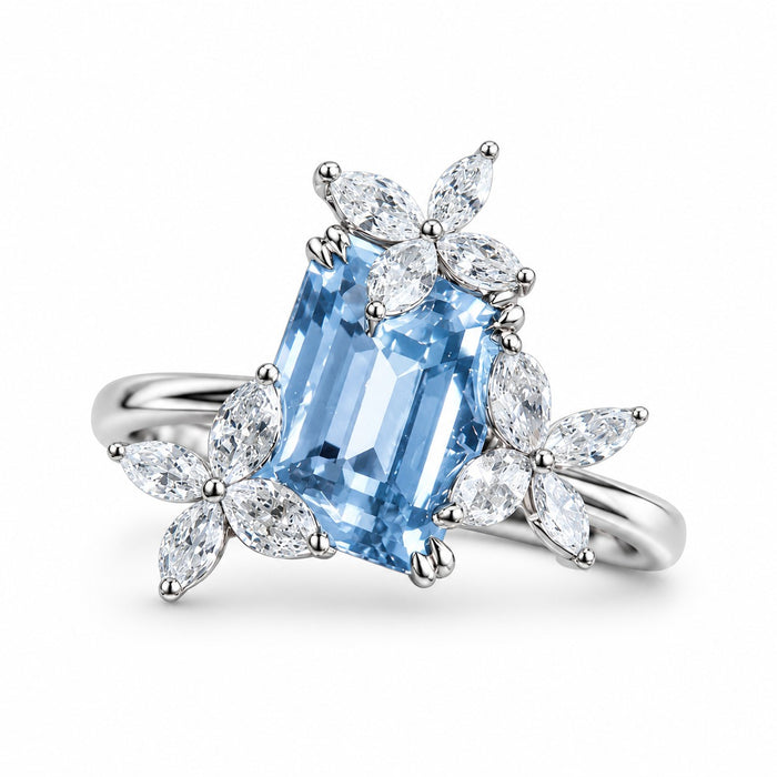 The Jardin — Emerald-Cut Sky Blue Sapphire Floral Ring