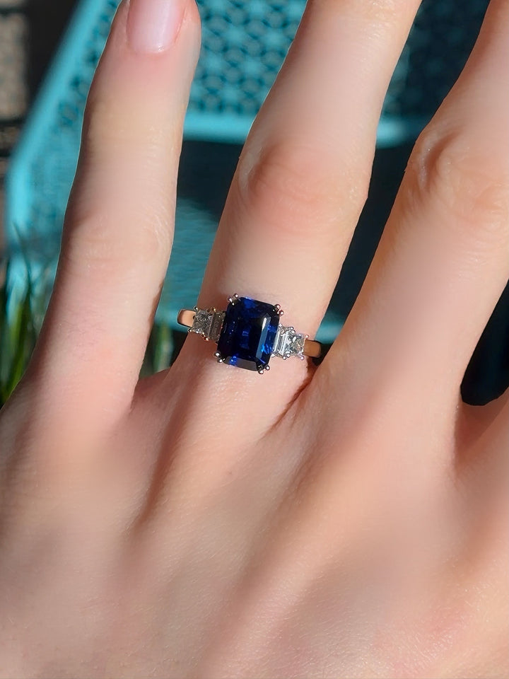 4.50ct Emerald-Cut Blue Sapphire Five-Stone Diamond Ring in 14K Yellow Gold