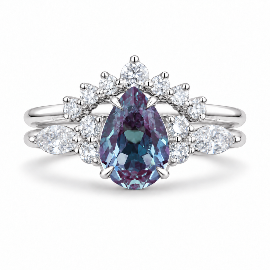 The Vespera — Pear Alexandrite Crown Ring in white gold