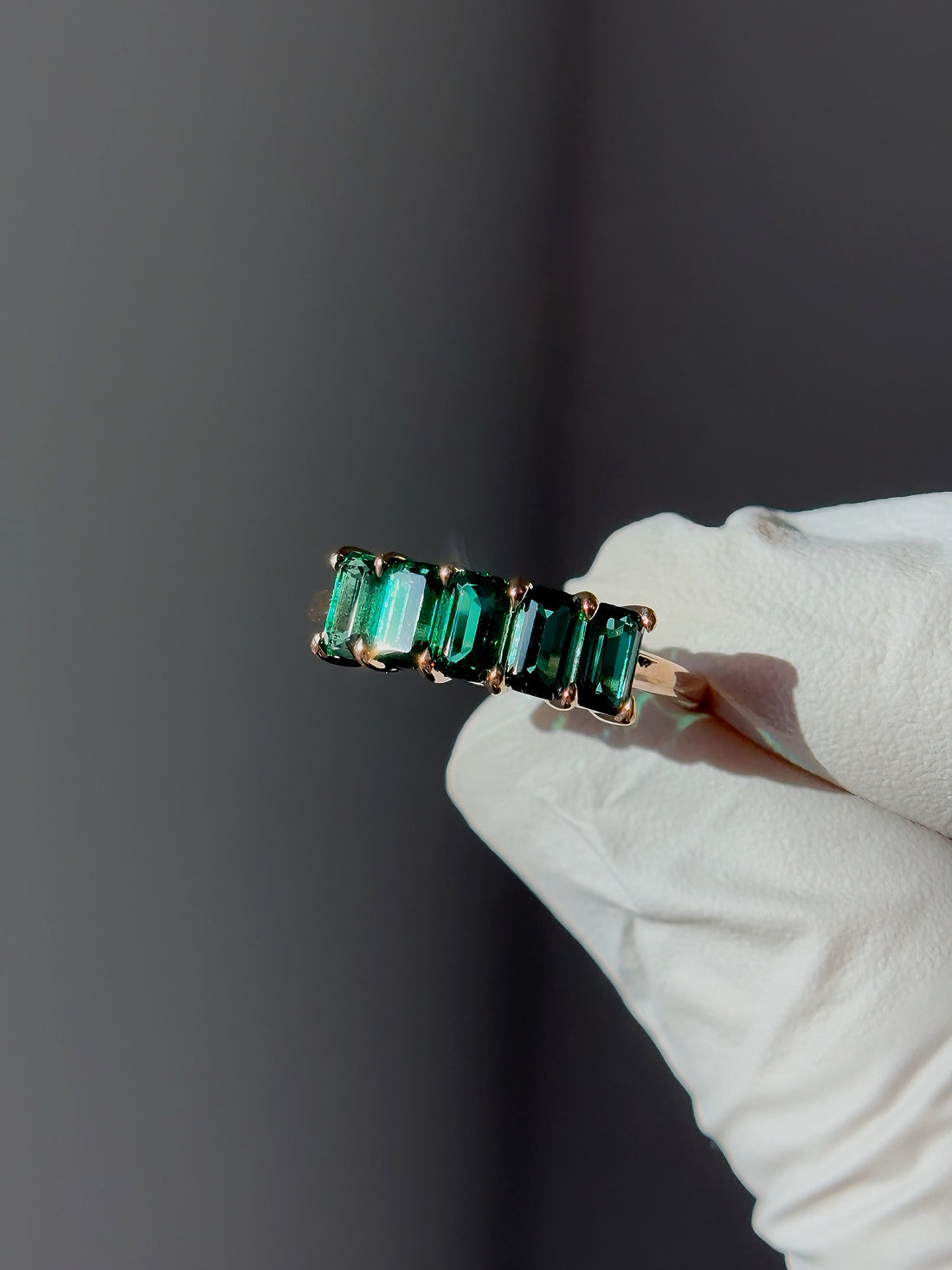 Emerald-cut lab emerald five-stone ring, view 4