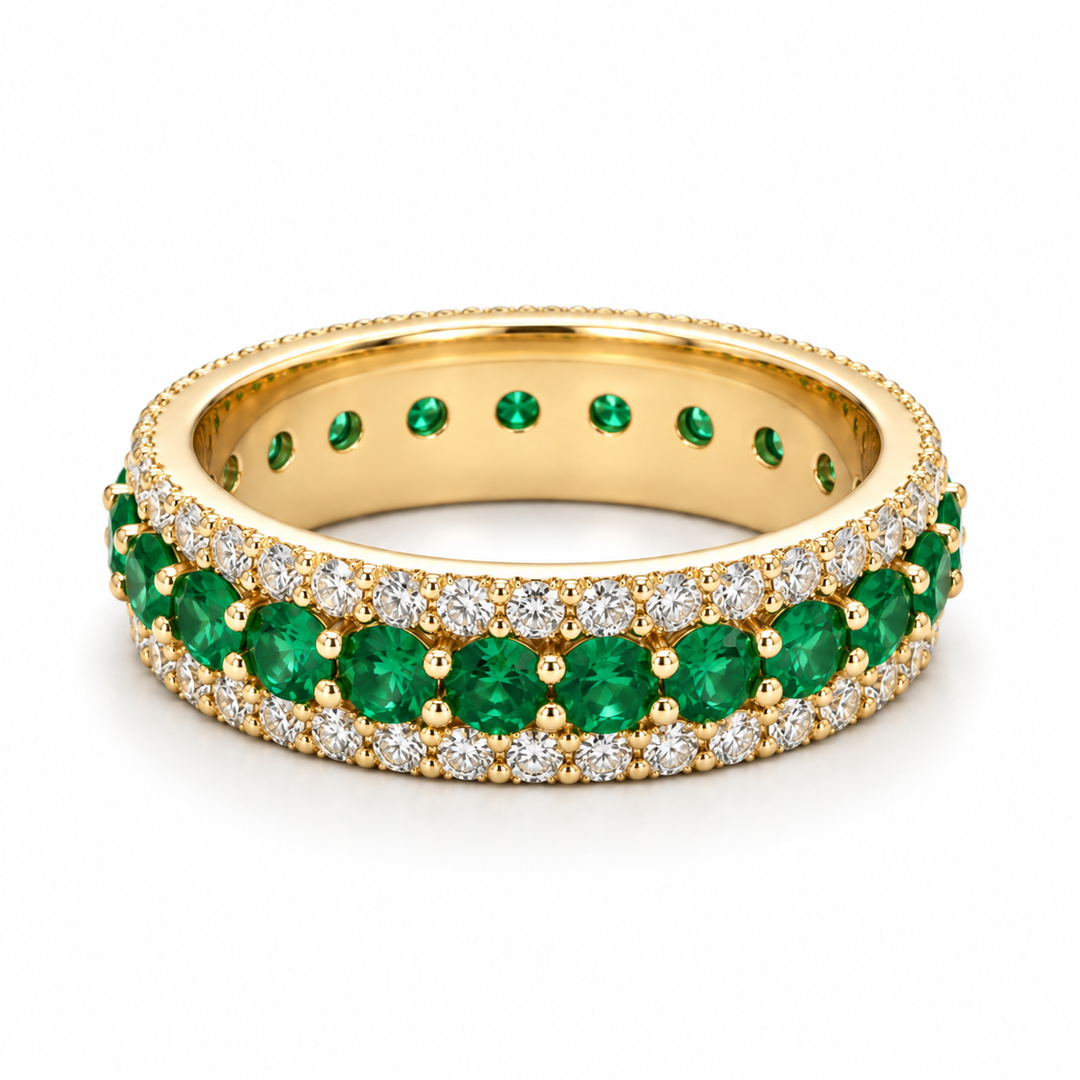 Colombian Emerald & Diamond Eternity Band (4mm, 2.50ctw) in yellow gold