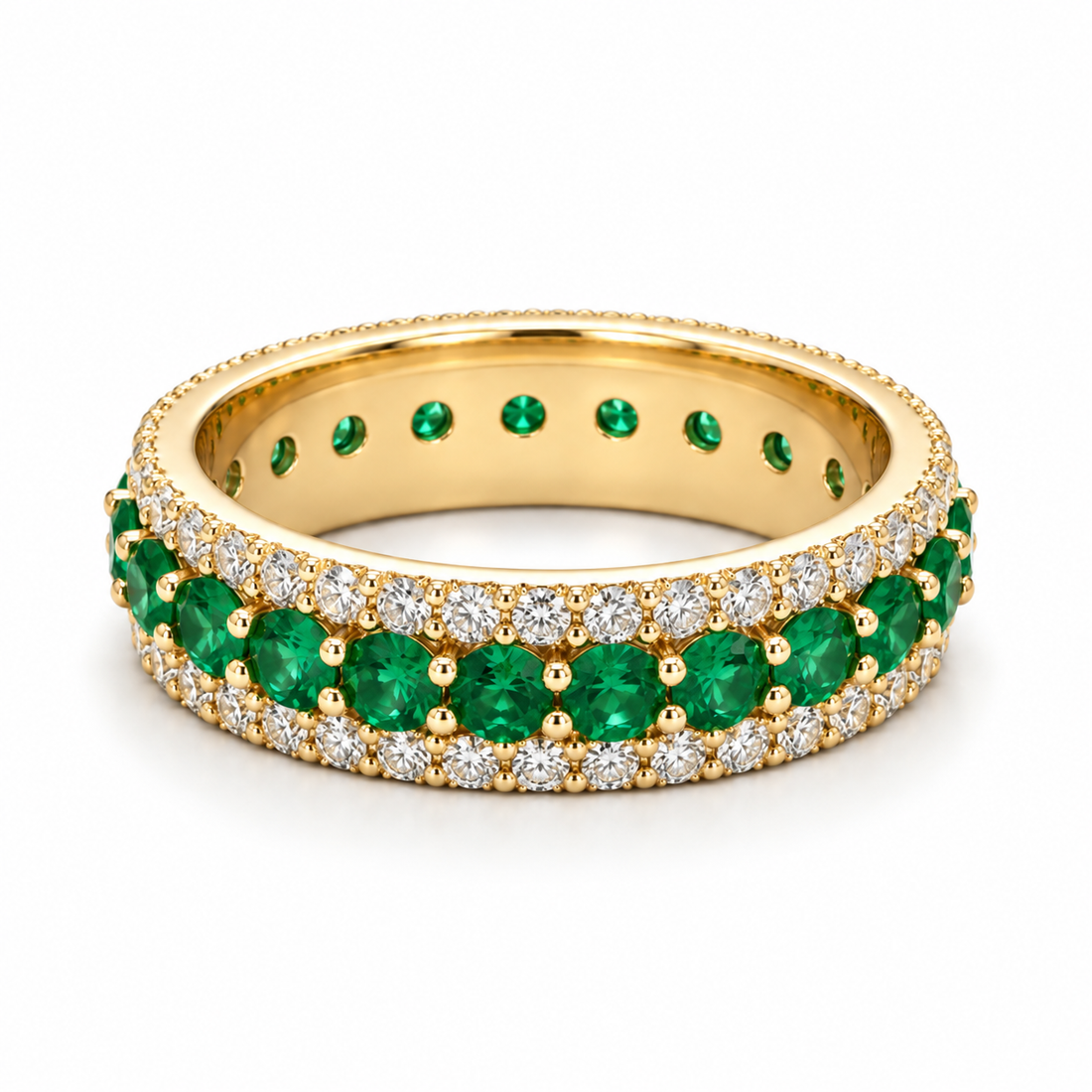 Colombian Emerald & Diamond Eternity Band (4mm, 2.50ctw) in yellow gold