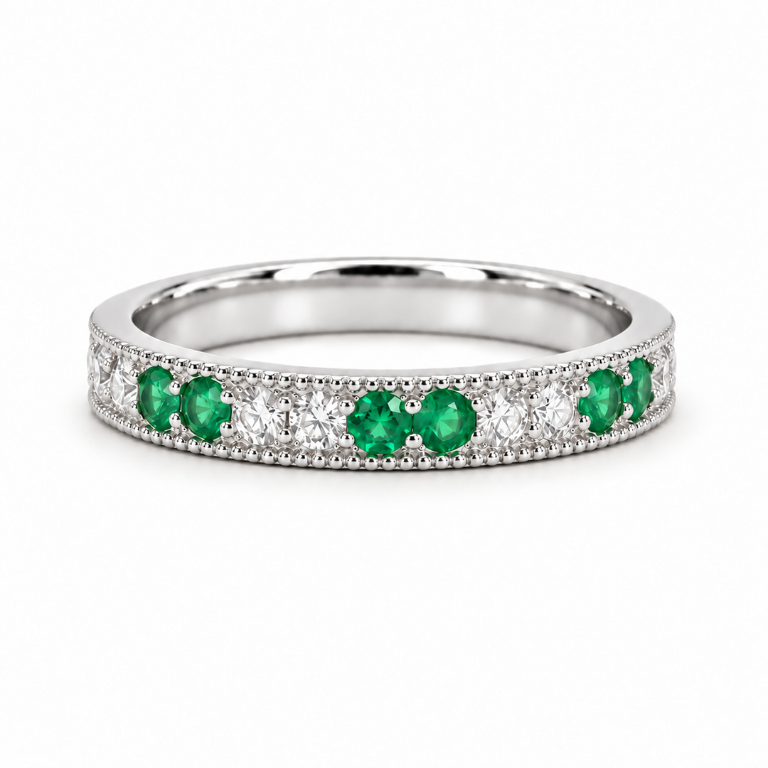 Colombian Emerald & Diamond Eternity Vintage Band (2.5mm, 1.00ctw) in white gold