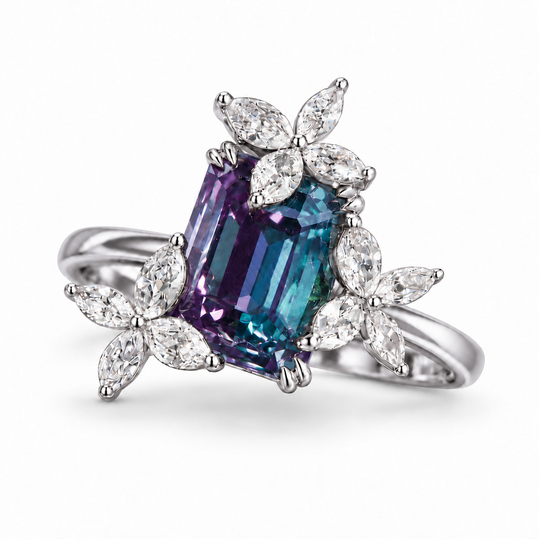 The Jardin — Emerald-Cut Alexandrite Floral Ring in platinum