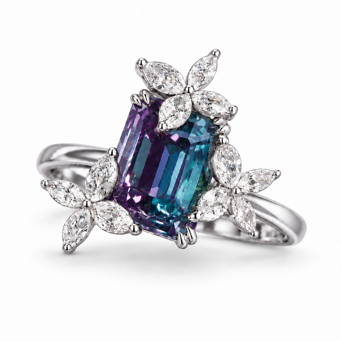 The Jardin — Emerald-Cut Alexandrite Floral Ring in platinum