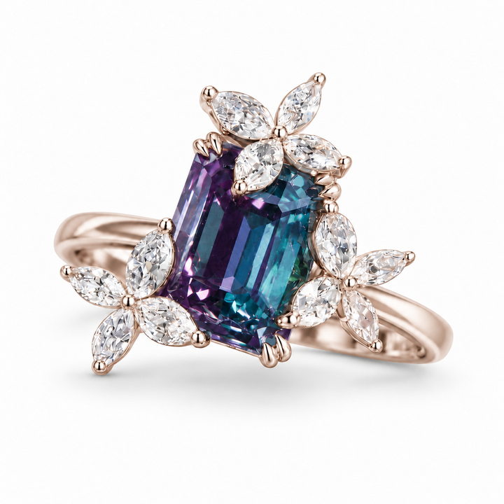 The Jardin — Emerald-Cut Alexandrite Floral Ring in rose gold
