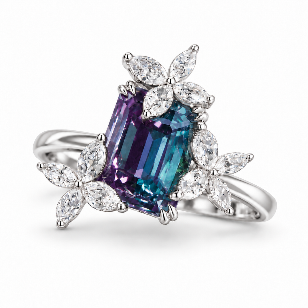 The Jardin — Emerald-Cut Alexandrite Floral Ring in white gold