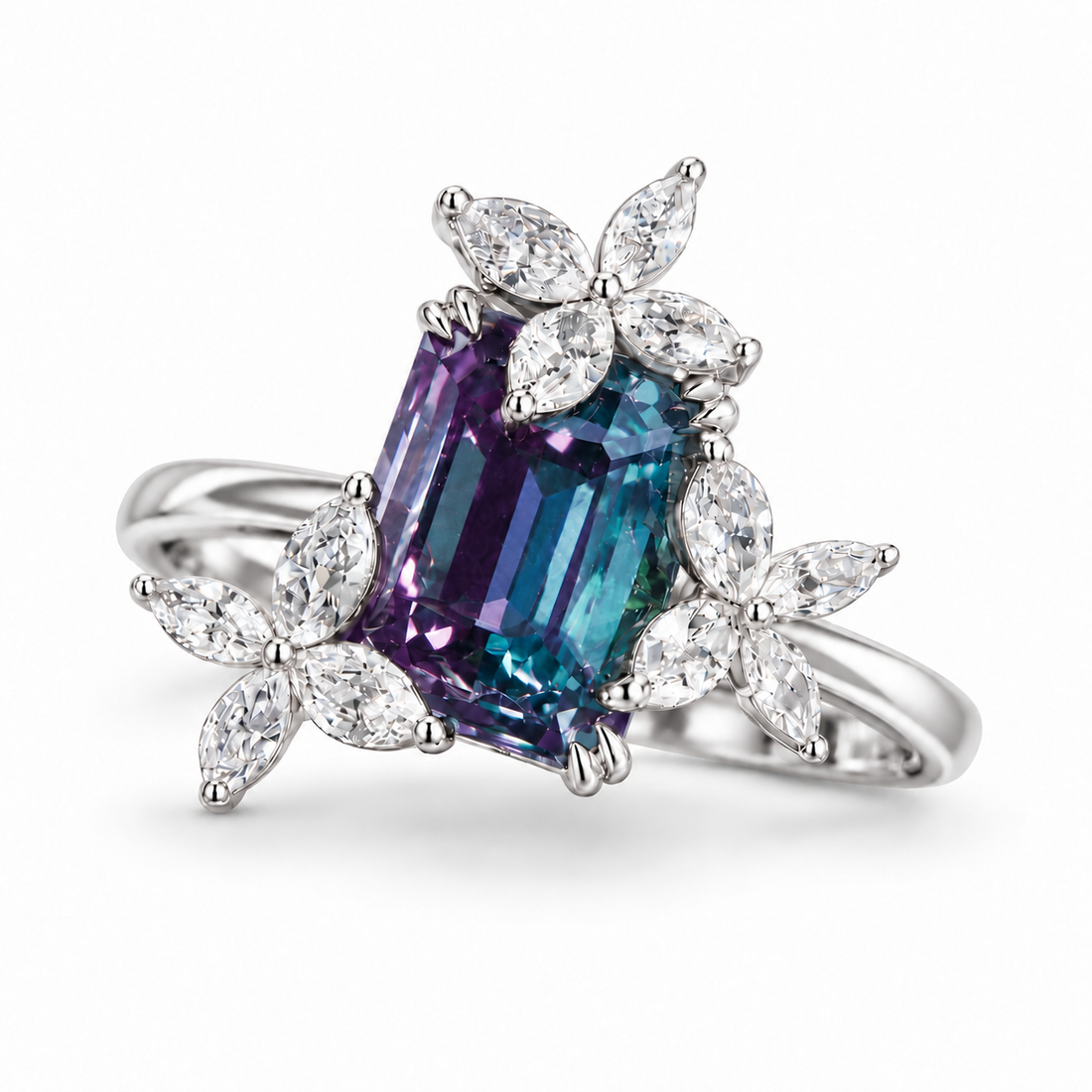 The Jardin — Emerald-Cut Alexandrite Floral Ring in white gold