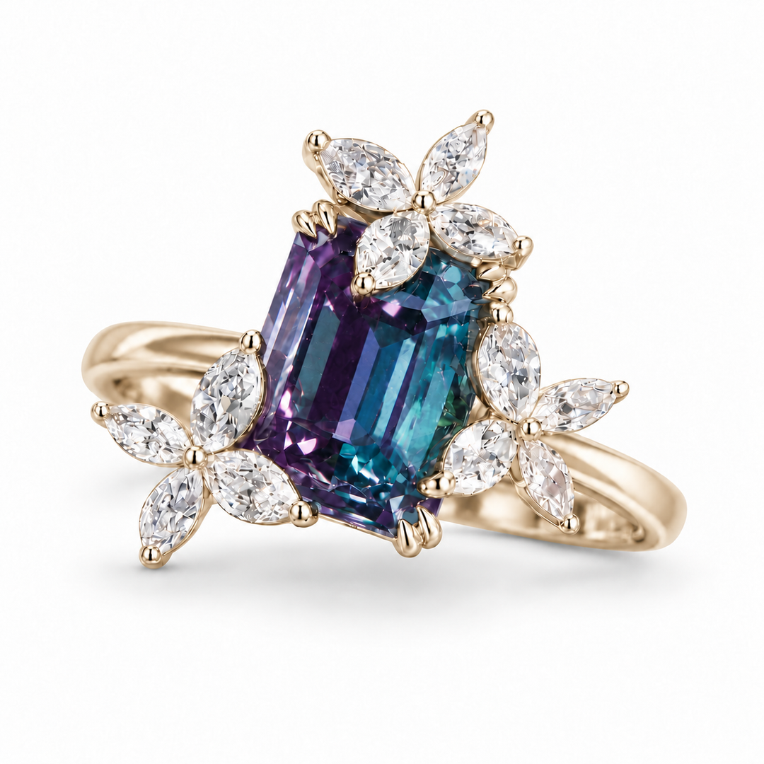The Jardin — Emerald-Cut Alexandrite Floral Ring in yellow gold
