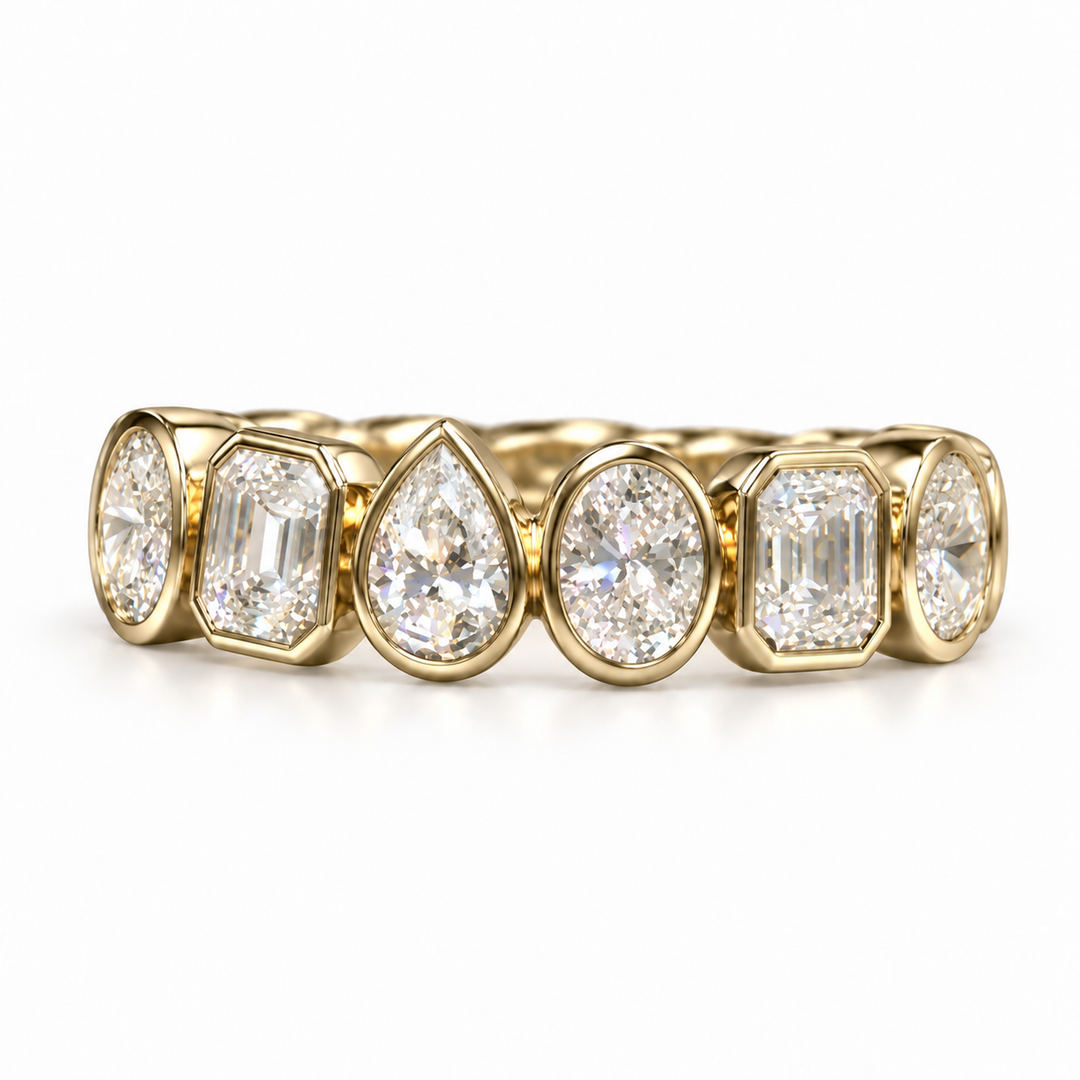The Mosaic mixed-cut bezel diamond band in 14K yellow gold, angled front view