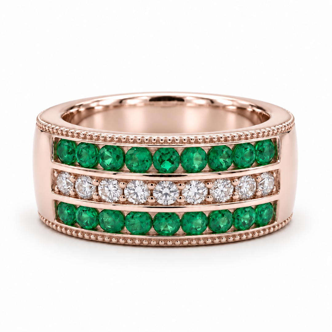 Colombian Emerald & Diamond Eternity Vintage Band (6.5mm) in rose gold