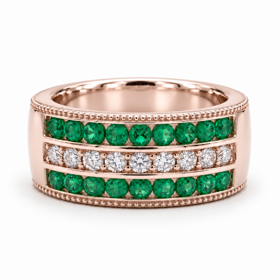 Colombian Emerald & Diamond Eternity Vintage Band (6.5mm) in rose gold
