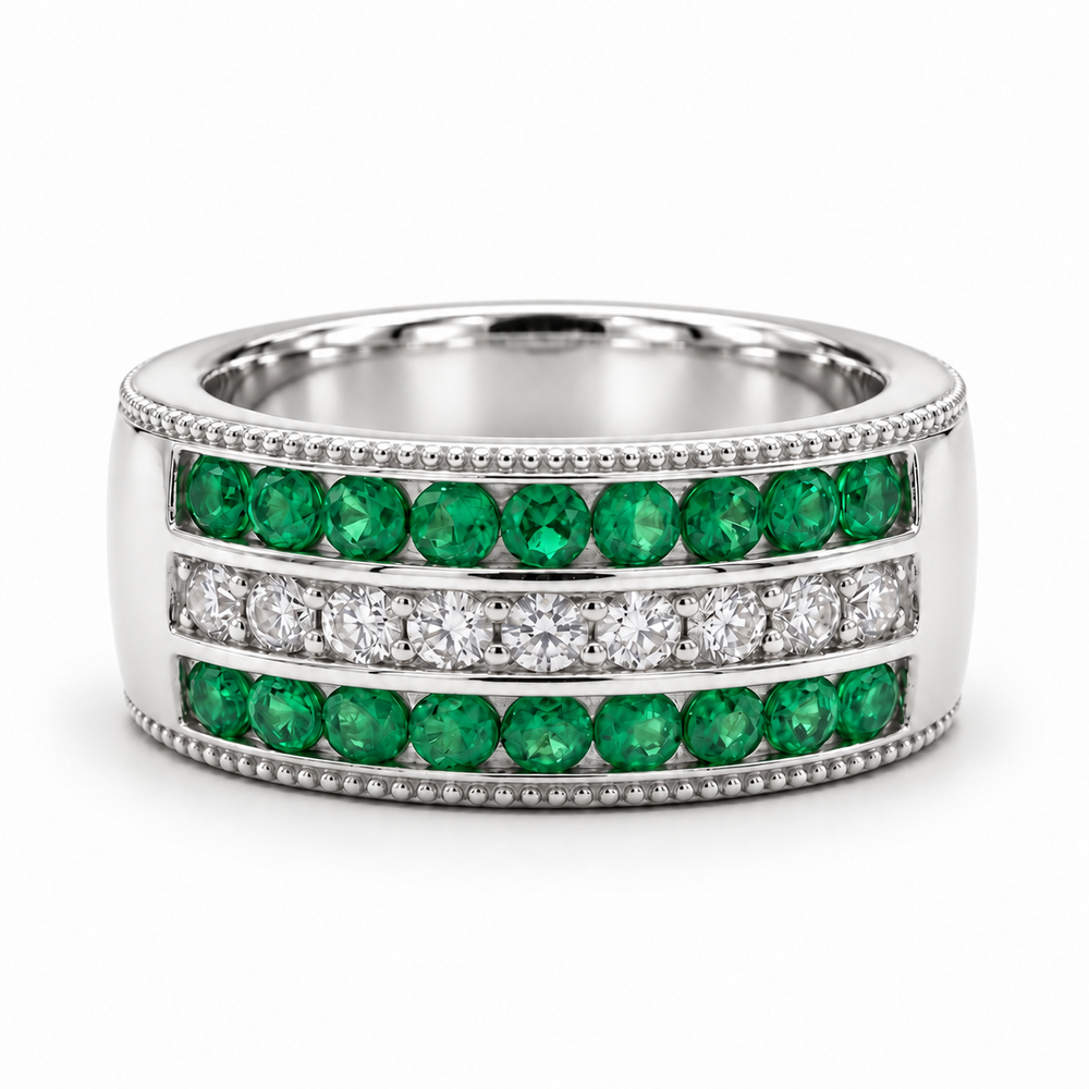 Colombian Emerald & Diamond Eternity Vintage Band (6.5mm) in white gold