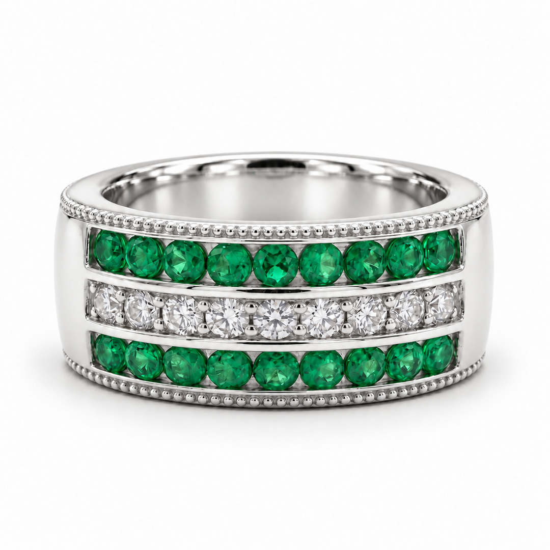 Colombian Emerald & Diamond Eternity Vintage Band (6.5mm) in white gold