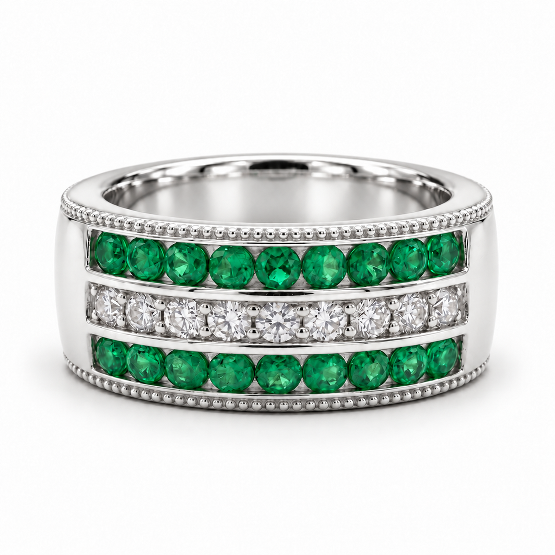 Colombian Emerald & Diamond Eternity Vintage Band (6.5mm) in white gold