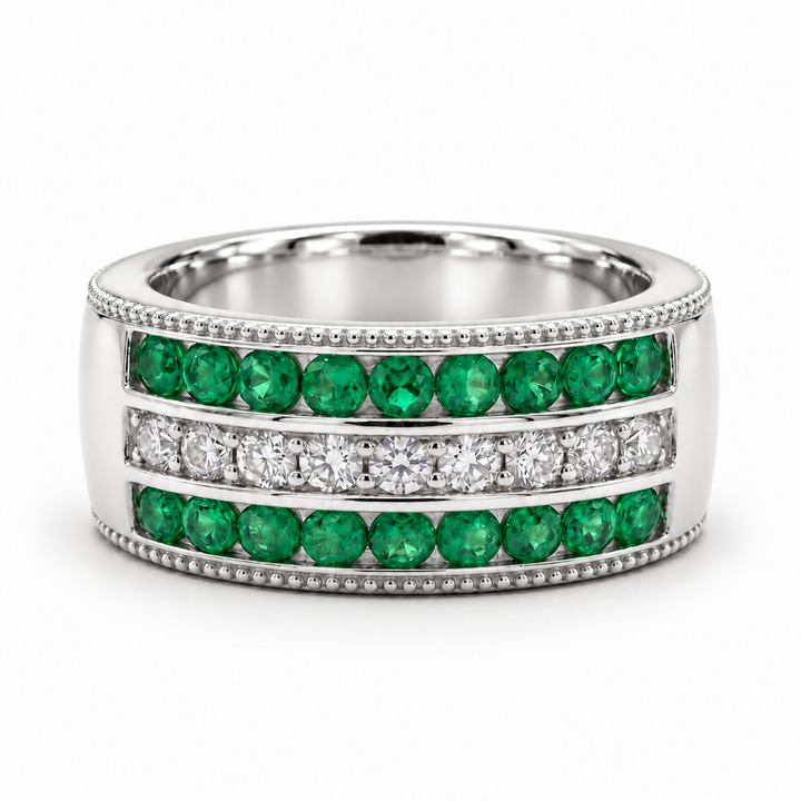 Colombian Emerald & Diamond Eternity Vintage Band (6.5mm) in white gold
