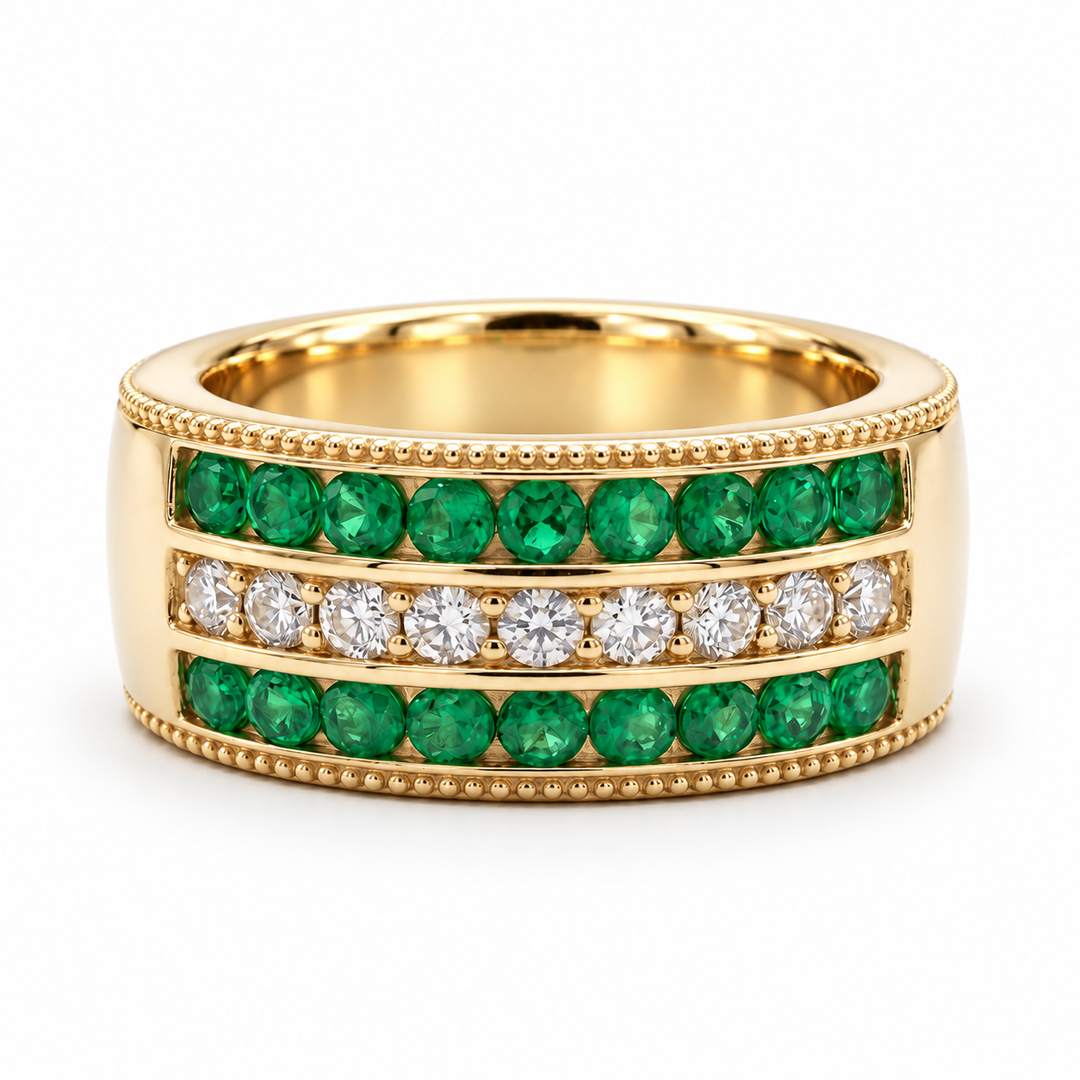Colombian Emerald & Diamond Eternity Vintage Band (6.5mm) in yellow gold