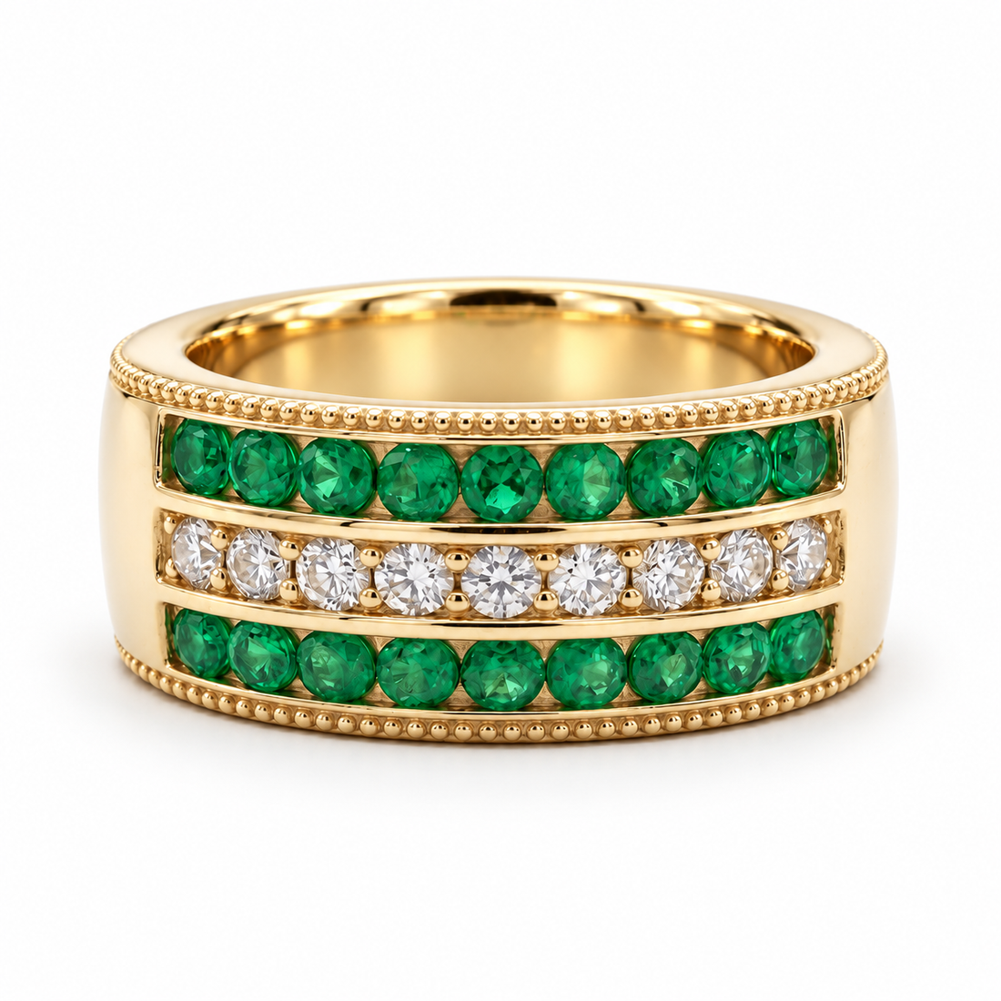 Colombian Emerald & Diamond Eternity Vintage Band (6.5mm) in yellow gold