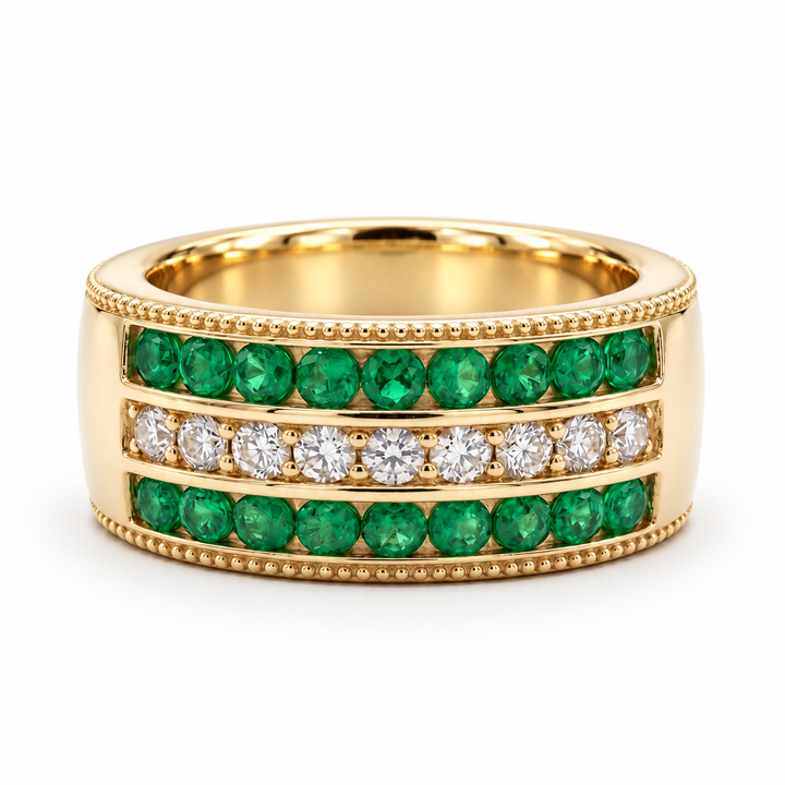 Colombian Emerald & Diamond Eternity Vintage Band (6.5mm) in yellow gold