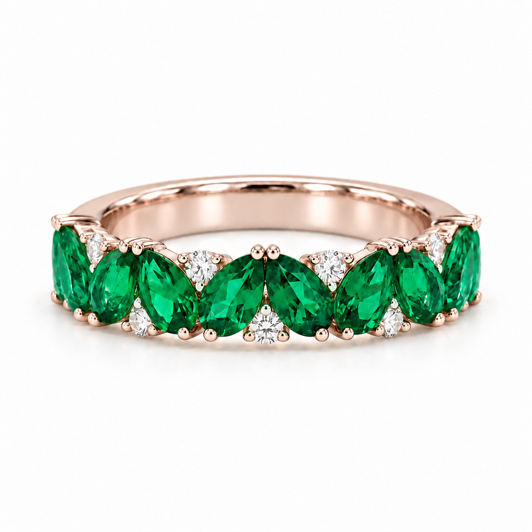 Emerald & Diamond Pear-Cut Eternity Ring in Solid Gold (4mm, 2.88ctw) in rose gold, three-quarter eternity