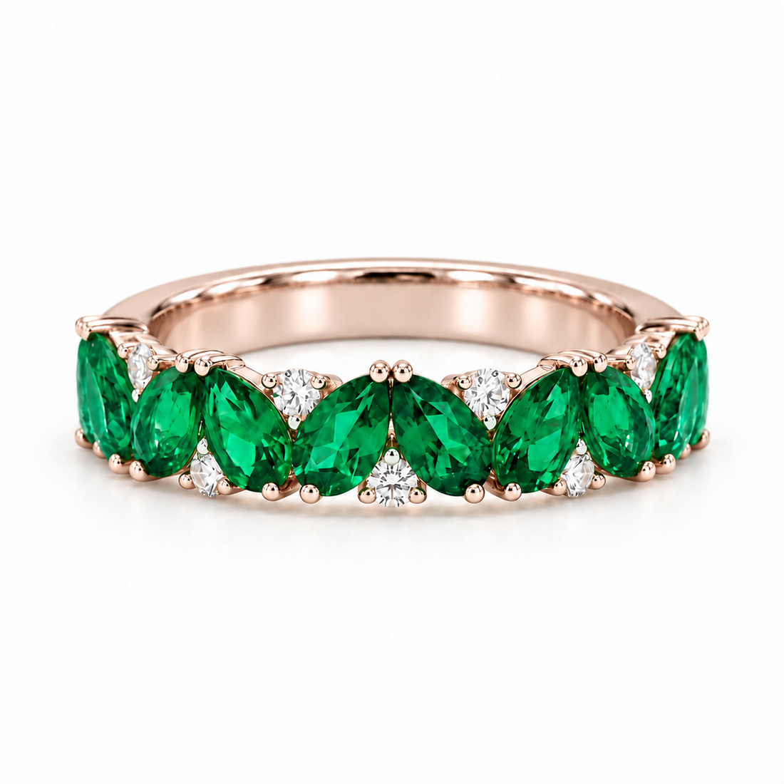 Emerald & Diamond Pear-Cut Eternity Ring in Solid Gold (4mm, 2.88ctw) in rose gold, three-quarter eternity