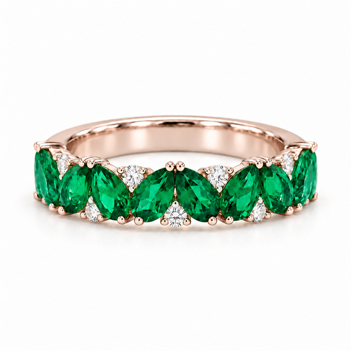 Emerald & Diamond Pear-Cut Eternity Ring in Solid Gold (4mm, 2.88ctw) in rose gold, three-quarter eternity