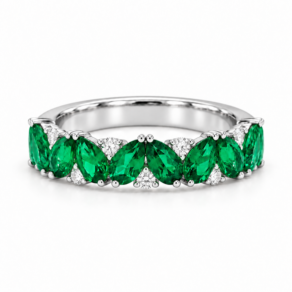 Emerald & Diamond Pear-Cut Eternity Ring in Solid Gold (4mm, 2.88ctw) in white gold, three-quarter eternity