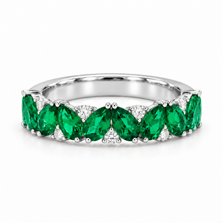 Emerald & Diamond Pear-Cut Eternity Ring in Solid Gold (4mm, 2.88ctw) in white gold, three-quarter eternity