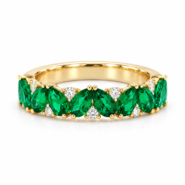 Emerald & Diamond Pear-Cut Eternity Ring in Solid Gold (4mm, 2.88ctw) in yellow gold, three-quarter eternity