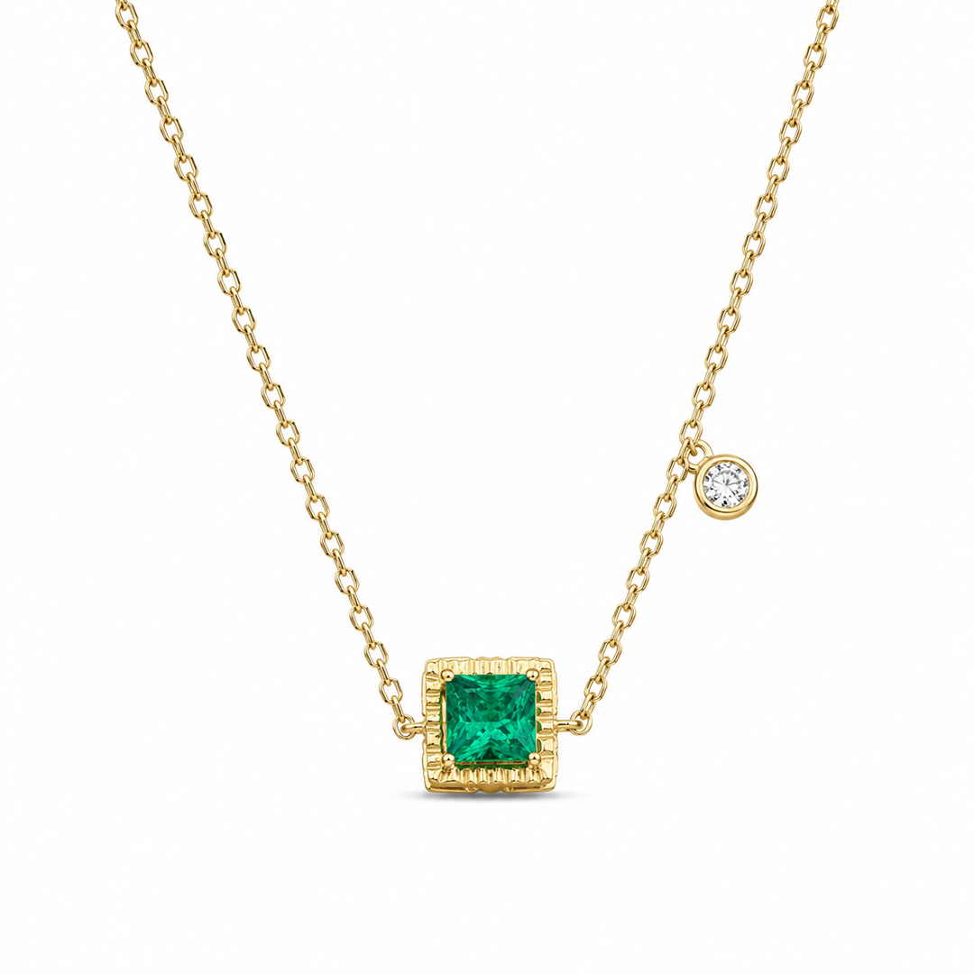 8x8mm, 2.25ct Princess Lab-Grown Colombian Emerald Pendant with Diamond Accent Necklace in 14K Yellow Gold