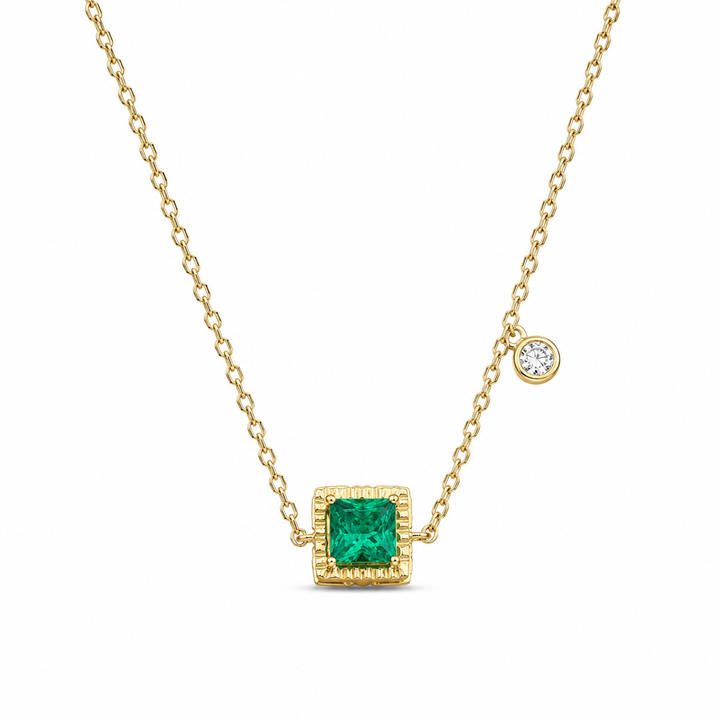 8x8mm, 2.25ct Princess Lab-Grown Colombian Emerald Pendant with Diamond Accent Necklace in 14K Yellow Gold