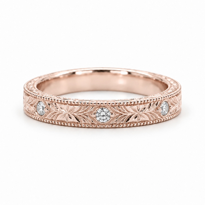 Hand-Carved Diamond Vintage Solid Gold Band (3mm) in rose gold