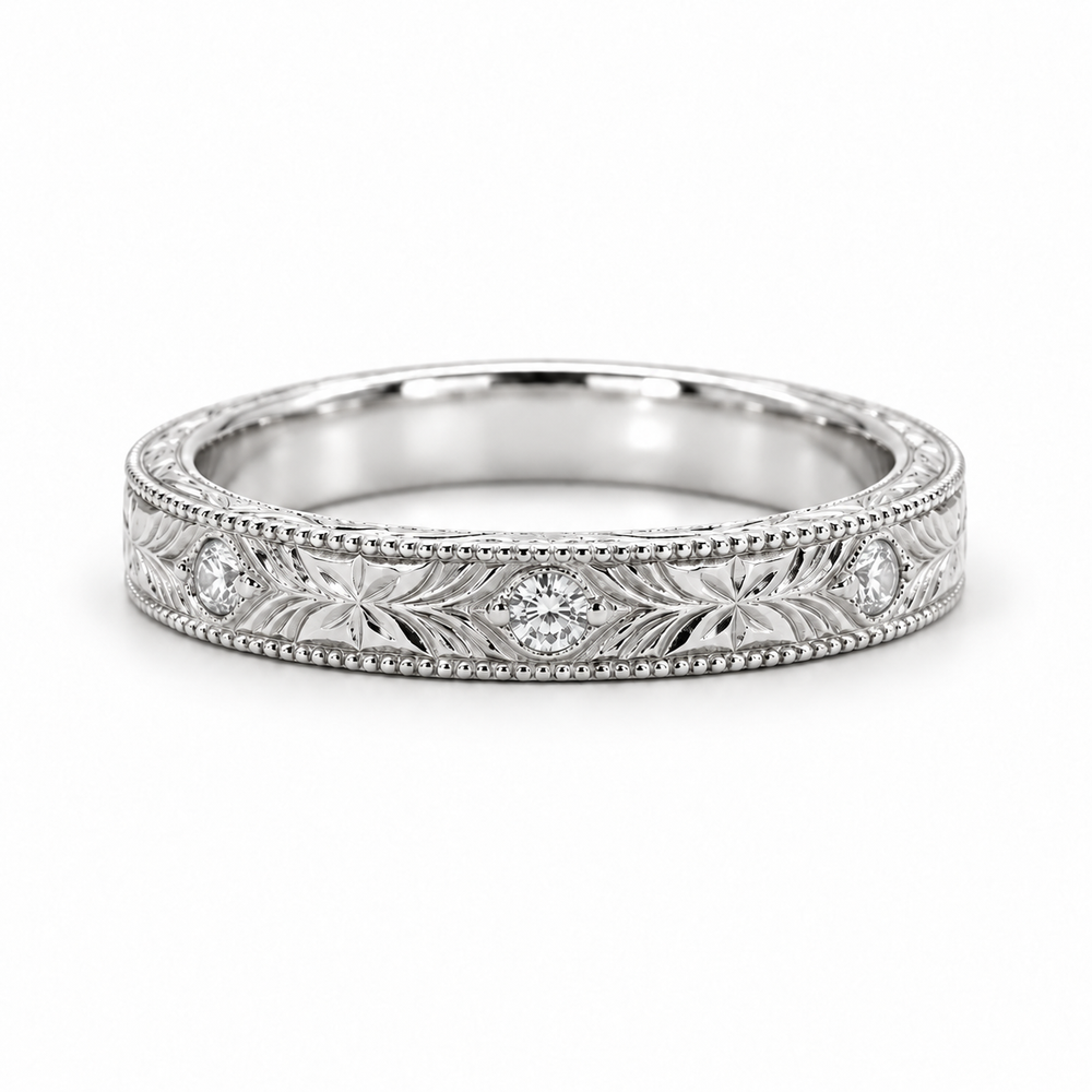 Hand-Carved Diamond Vintage Solid Gold Band (3mm) in white gold