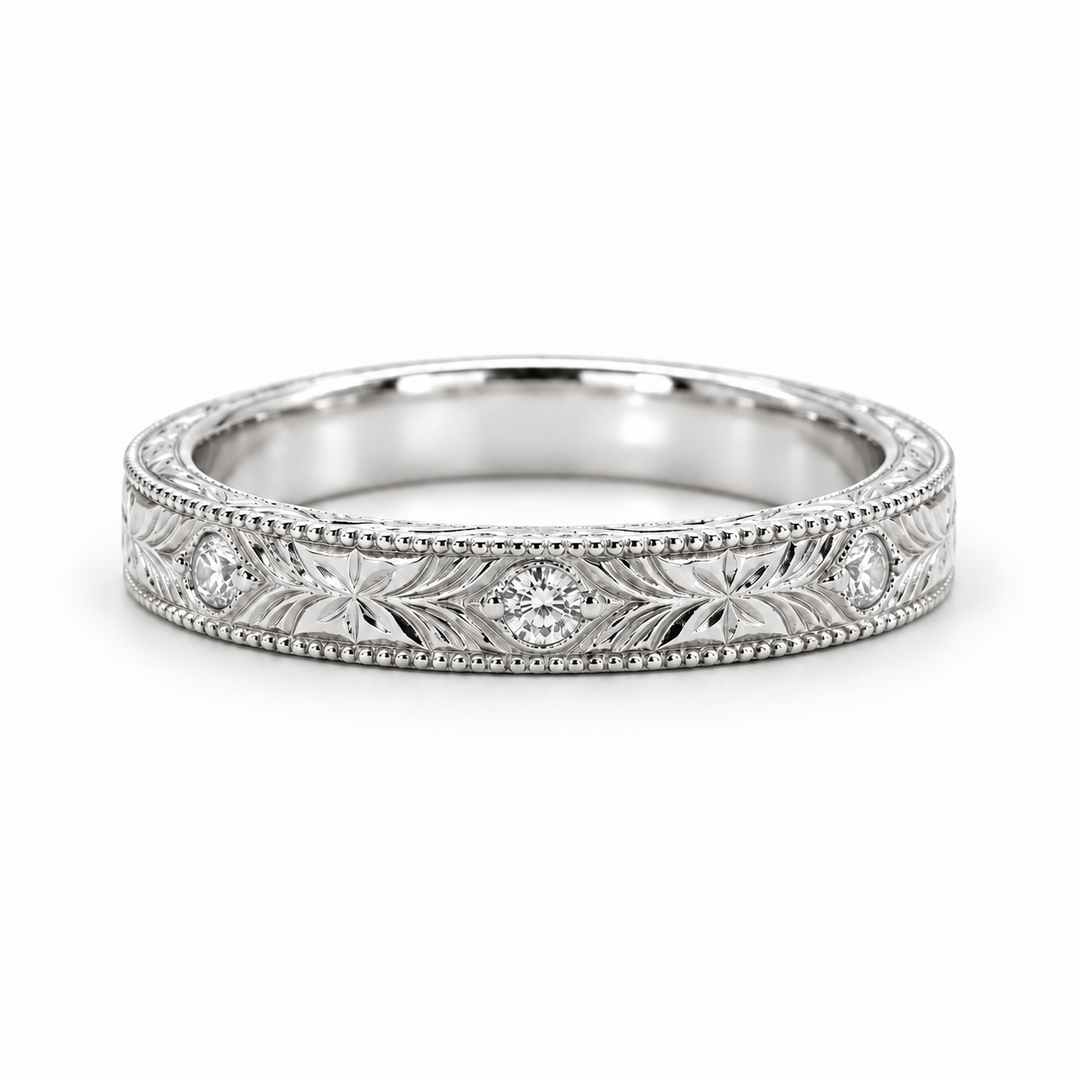 Hand-Carved Diamond Vintage Solid Gold Band (3mm) in white gold
