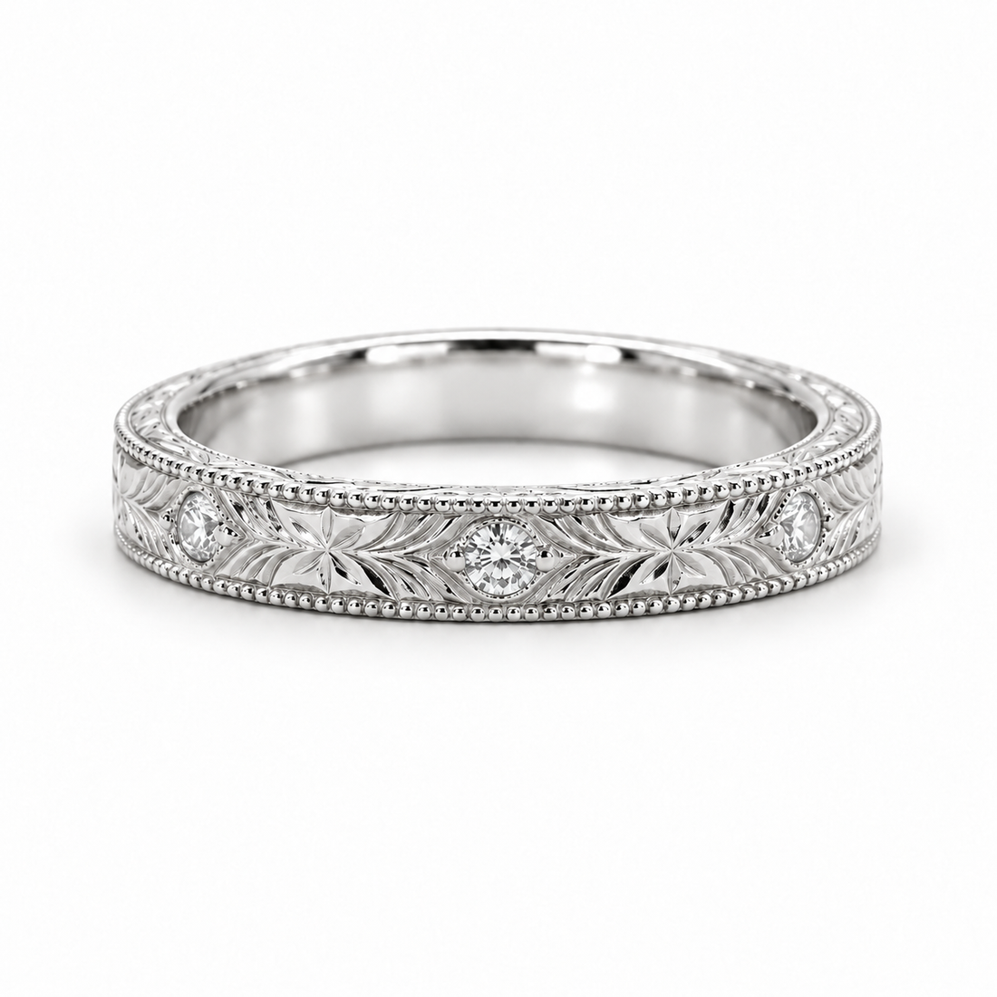 Hand-Carved Diamond Vintage Solid Gold Band (3mm) in white gold