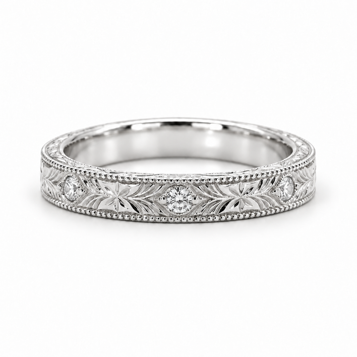 Hand-Carved Diamond Vintage Solid Gold Band (3mm) in white gold