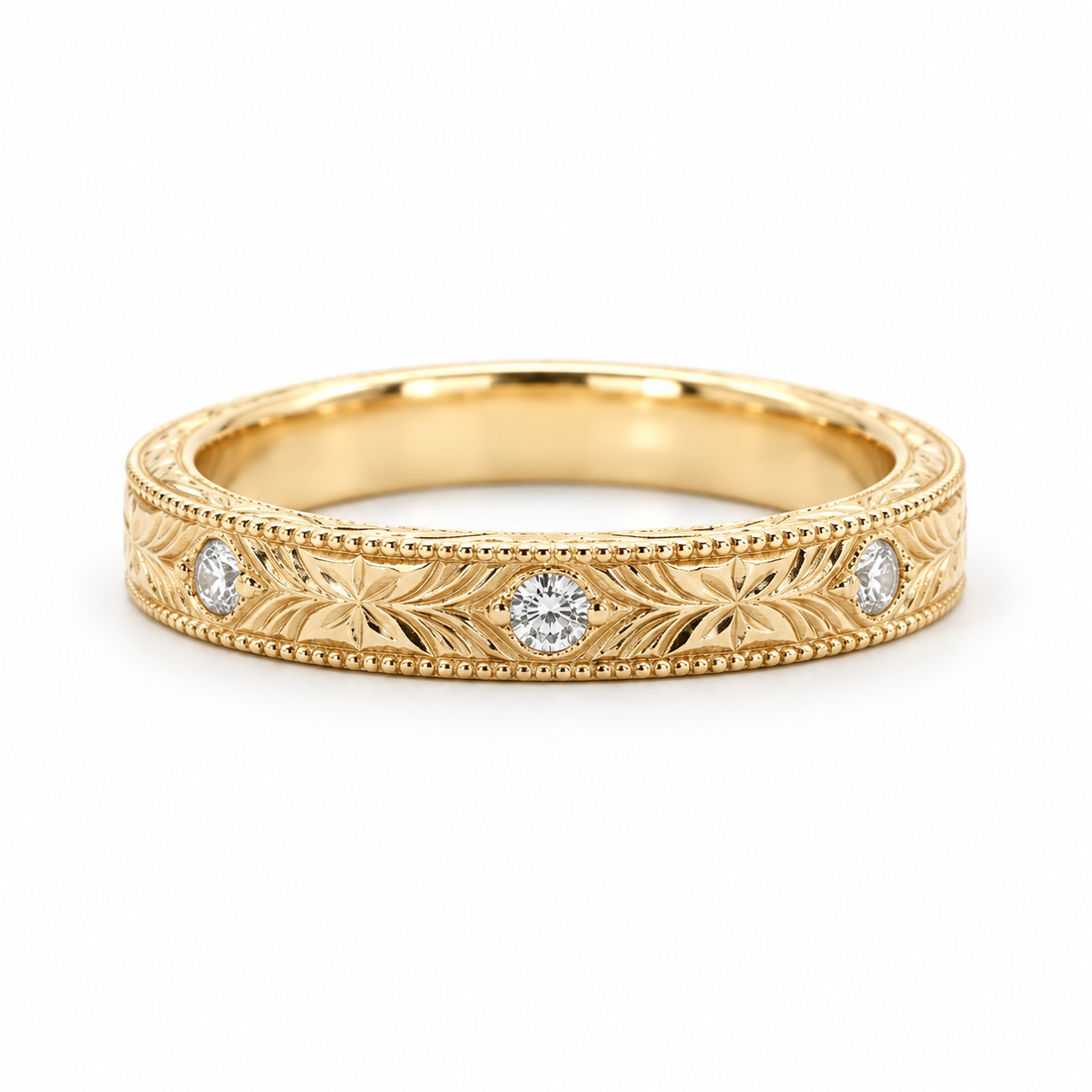 Hand-Carved Diamond Vintage Solid Gold Band (3mm) in yellow gold