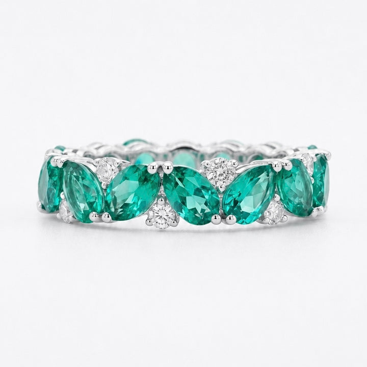 Pear Colombian Emerald & Round Diamond Eternity Band (3.5mm, 1.78ctw)