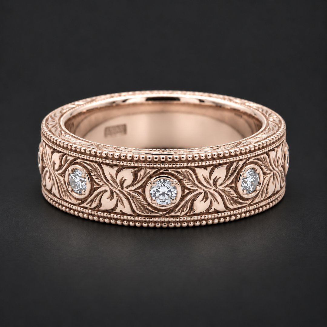 Hand-Carved Diamond Vintage Solid Gold Band (6mm) in rose gold