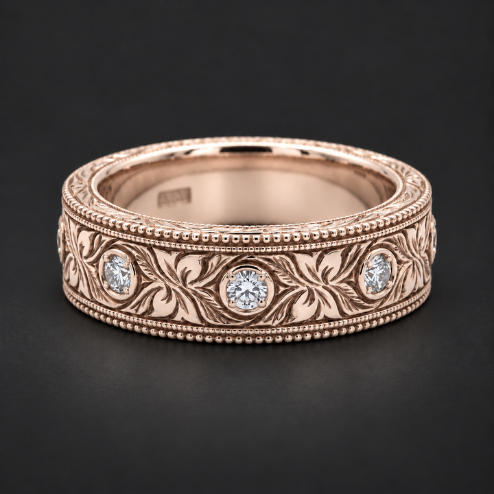 Hand-Carved Diamond Vintage Solid Gold Band (6mm) in rose gold