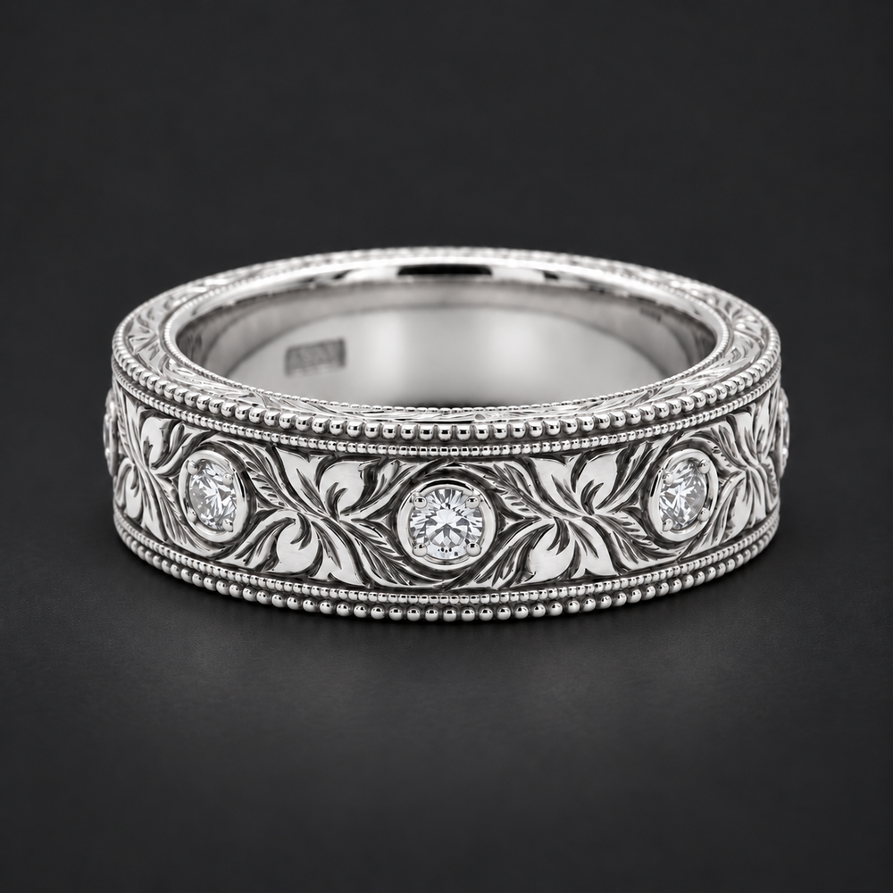 Hand-Carved Diamond Vintage Solid Gold Band (6mm) in white gold
